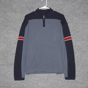transnine Mens Sweater‎ Medium 1/4 Zip Pullover Gray Navy Red Stripe
